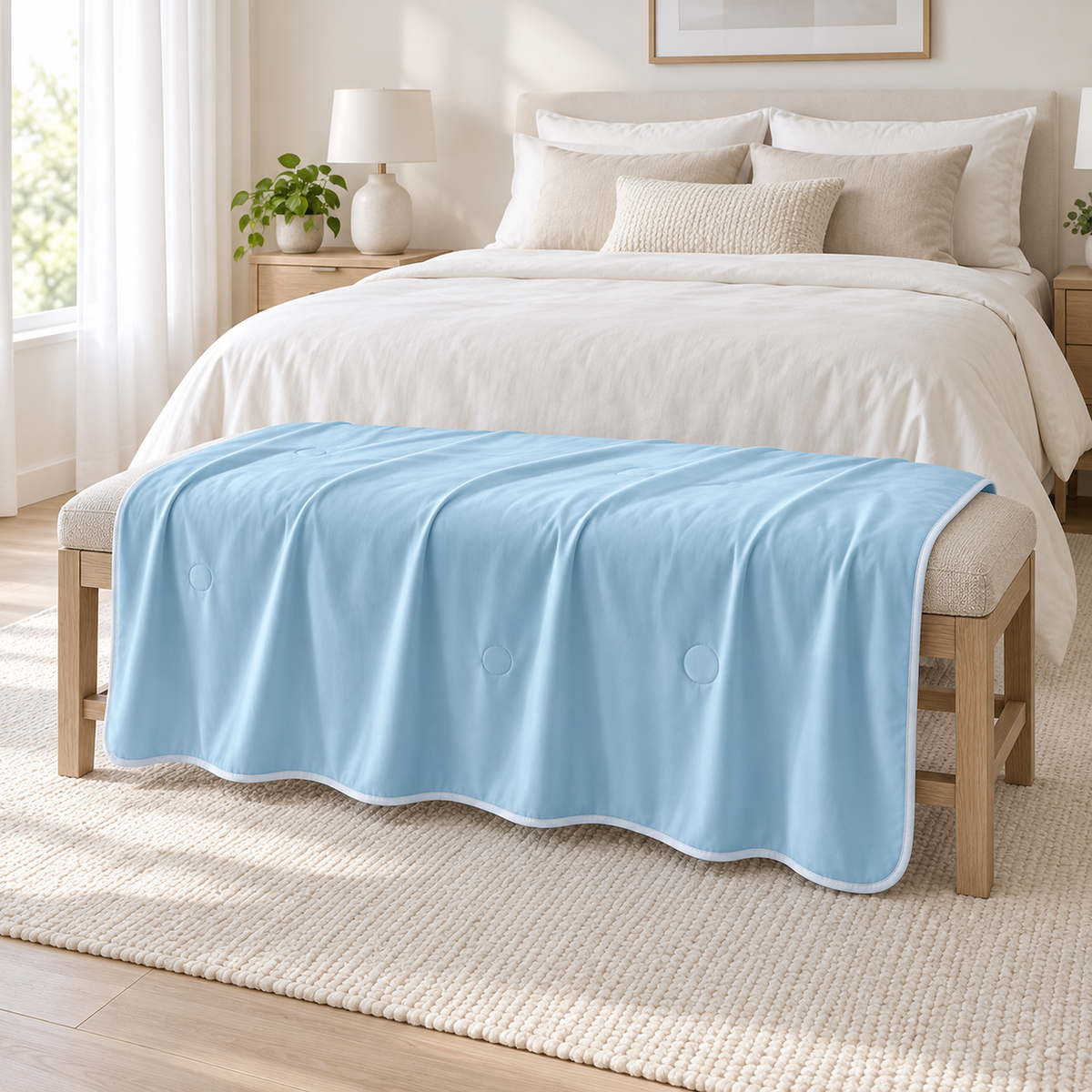 Ormivel sky blue knit throw blanket draped open over a bedroom bench in daylight