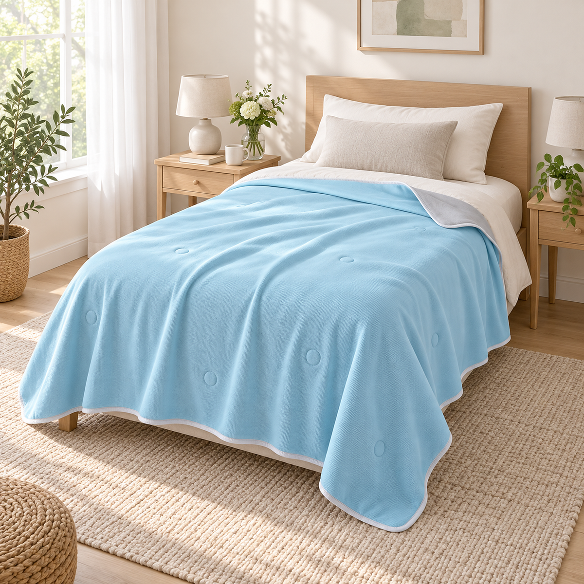 Ormivel sky blue soft throw blanket laid loosely across a made summer bed in a bright bedroom