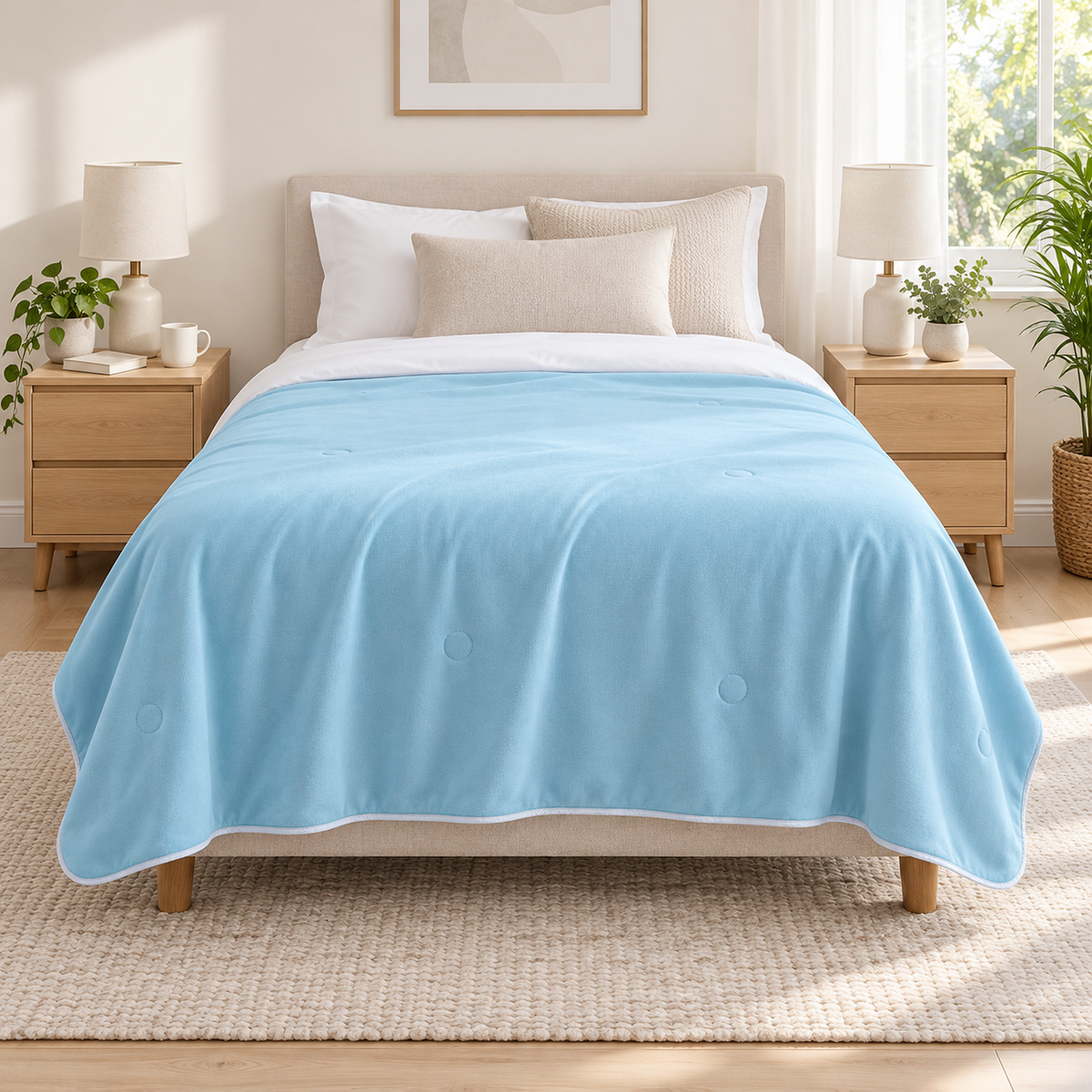 Ormivel sky blue knit throw blanket in twin size spread on a pale birch twin bed