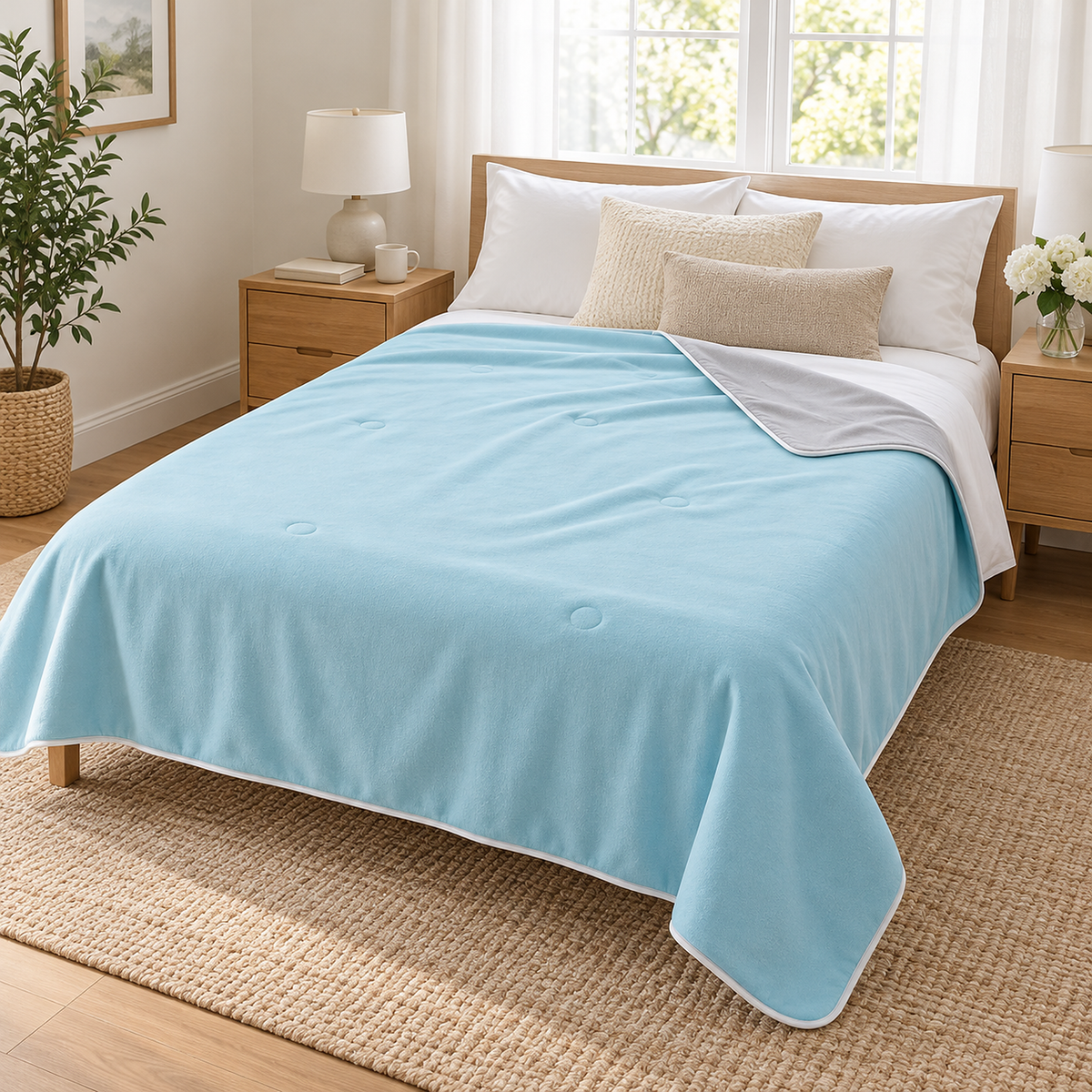 Ormivel sky blue knit throw blanket turned down on a twin bed to show the cooling fabric on the reverse