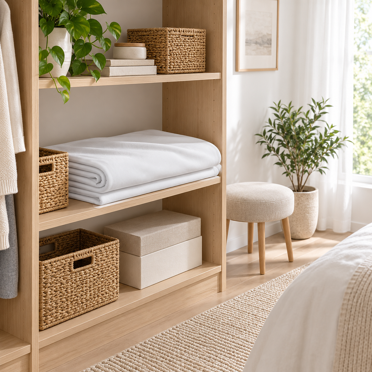 Ormivel white knit throw blanket folded and stored inside a bedroom wardrobe #color_white