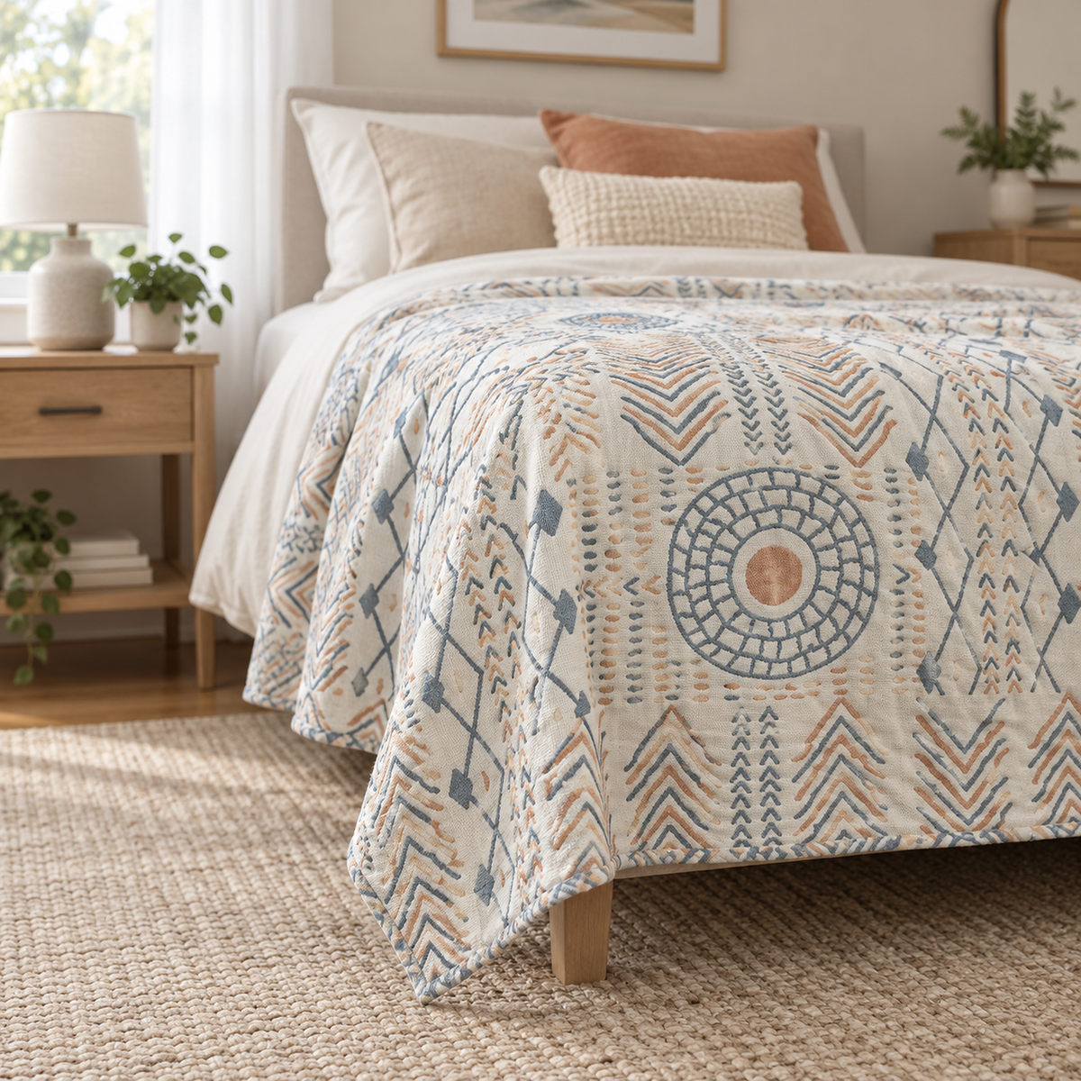 Ornasel cream and blue gray cotton throw blanket corner with a narrow hemmed edge and no fringe