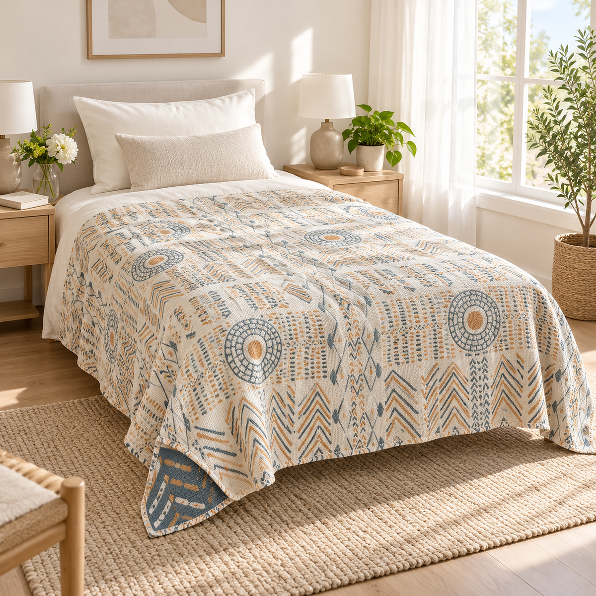 Ornasel cream and blue gray cotton throw blanket spread on a made bed beside pillows in a bright main bedroom
