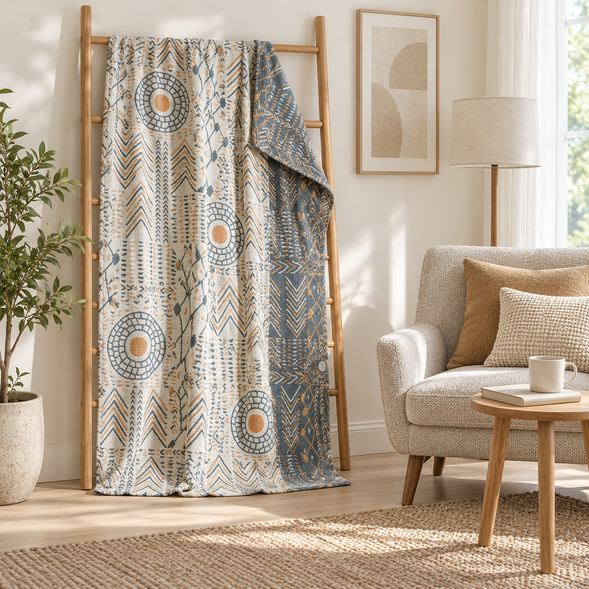 Ornasel cream and blue gray reversible cotton blanket on a wooden ladder with a corner turned to show the reverse side