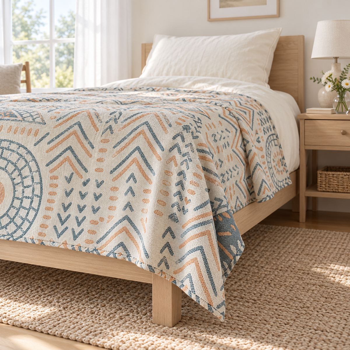 Ornasel cream and blue gray reversible cotton blanket with its hemmed edge falling past a twin mattress