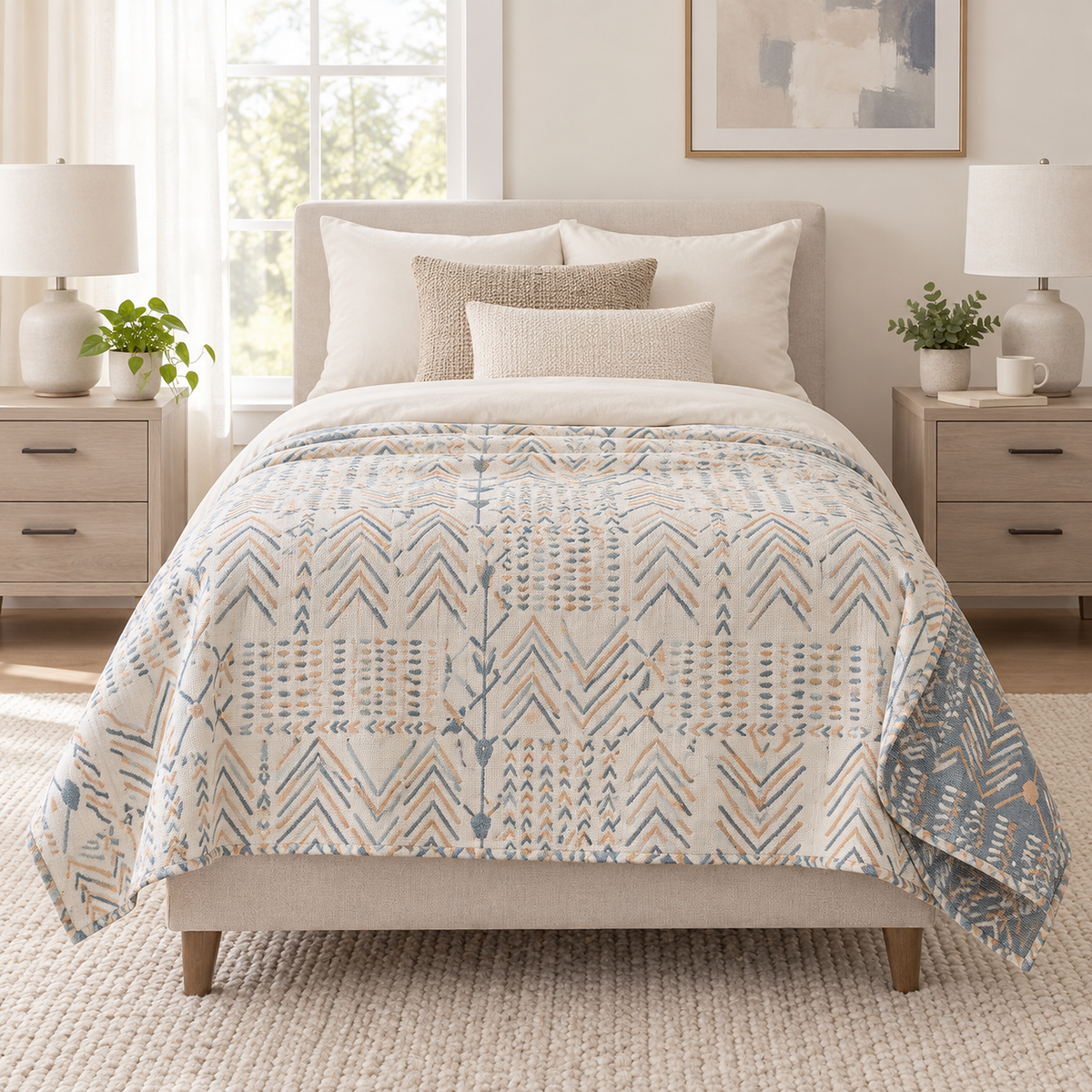 Ornasel cream and blue gray reversible cotton blanket centered on a twin bed with even drops on both sides