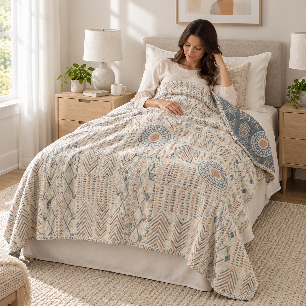 Ornasel cream and blue gray soft throw blanket covering an adult resting in a twin bed
