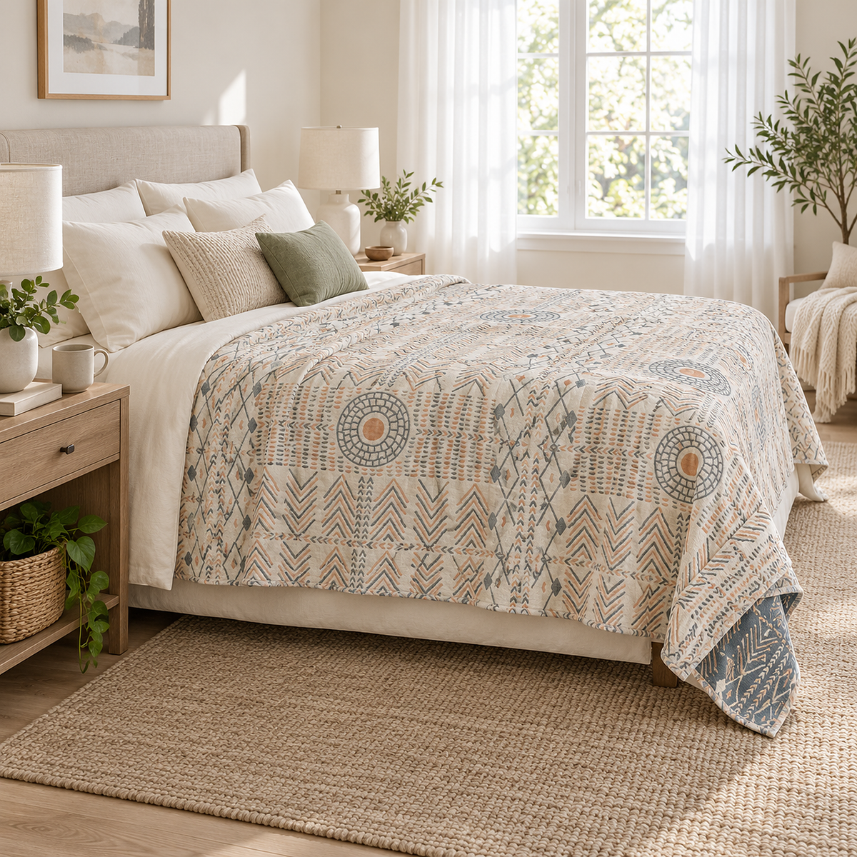 Ornasel cream and blue gray soft throw blanket in a larger size draping past a queen bed in a guest room