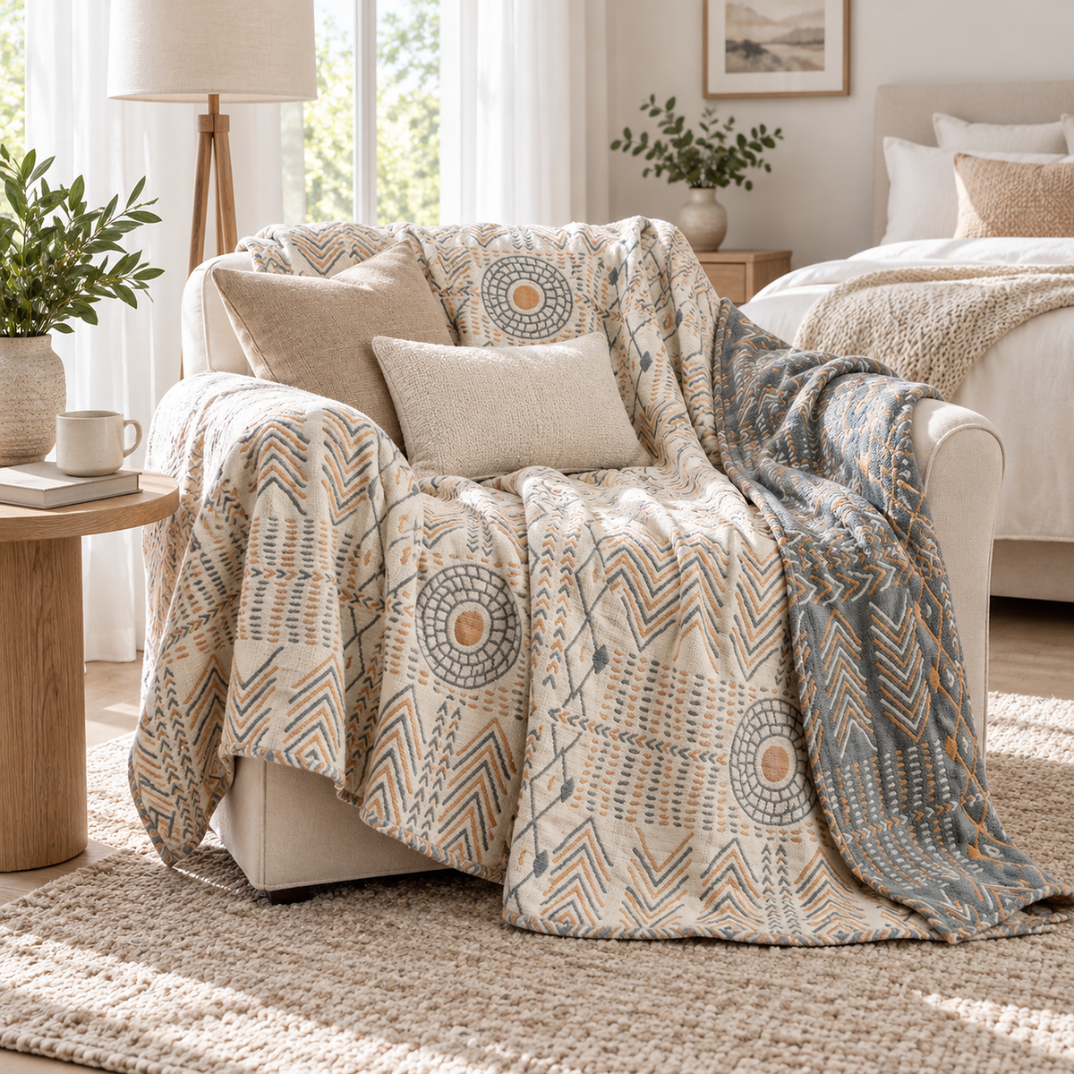 Ornasel cream and blue gray throw blanket draped open over an ivory armchair in an attic bedroom