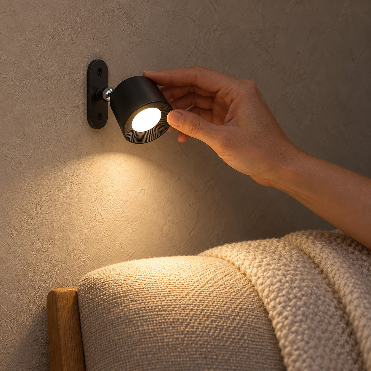Orsilen black battery operated wall sconce aimed toward an armchair seat in a living room