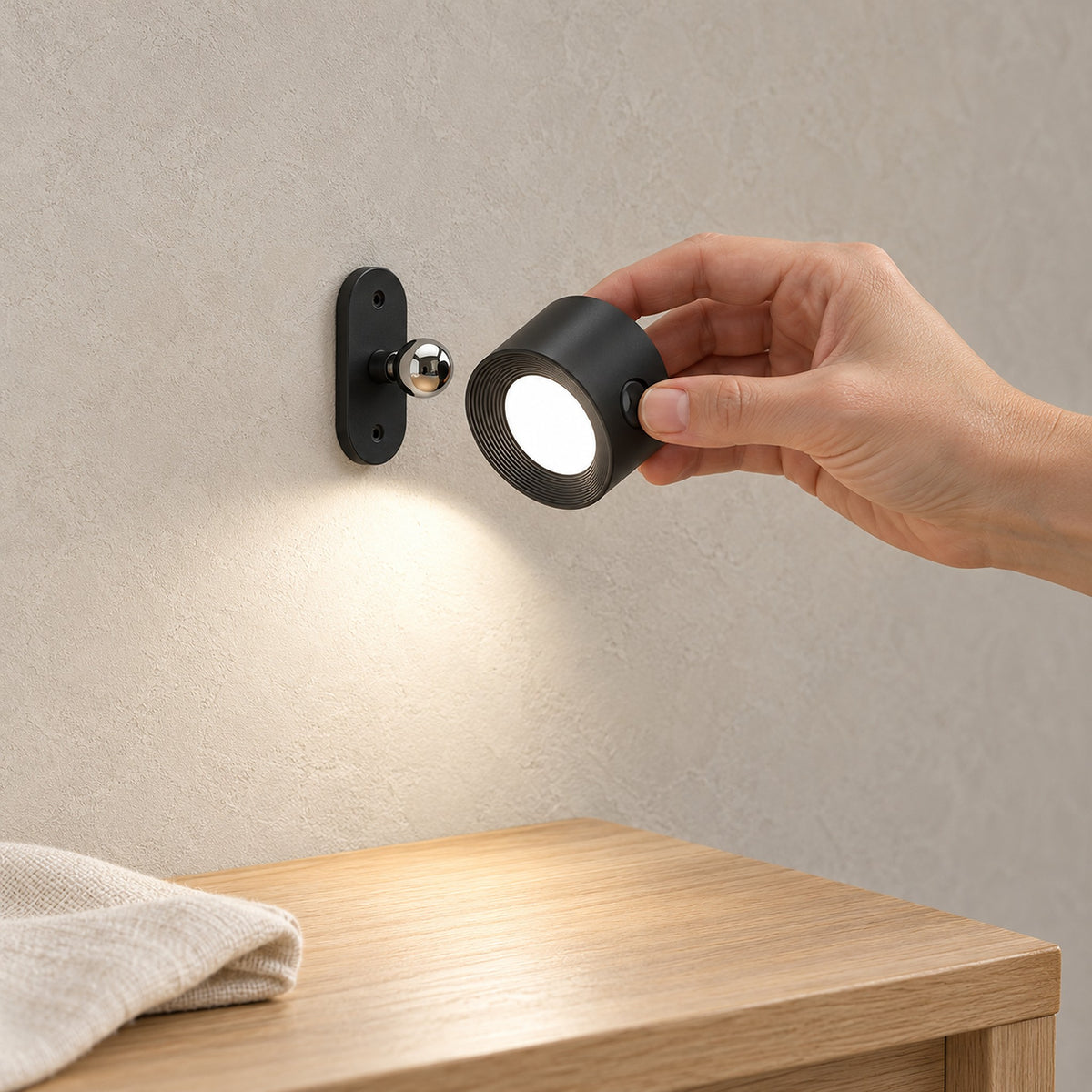 Orsilen black wall lamp lifted from its magnetic base by hand in a craft nook