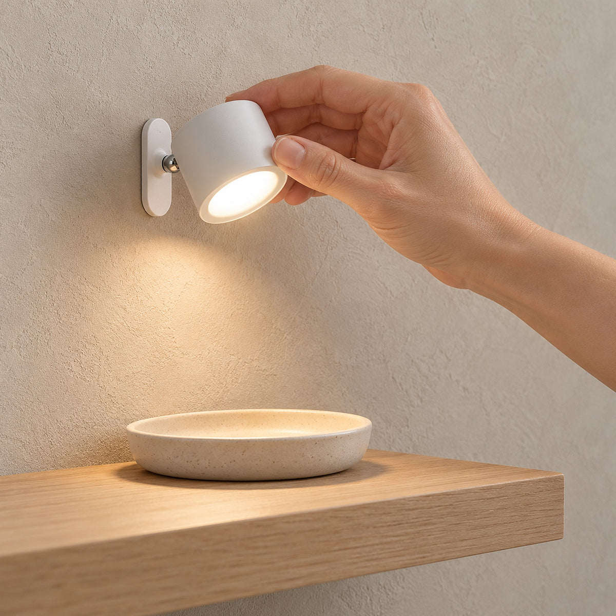 Orsilen white wireless wall light illuminating a hallway shelf niche in daylight #color_white