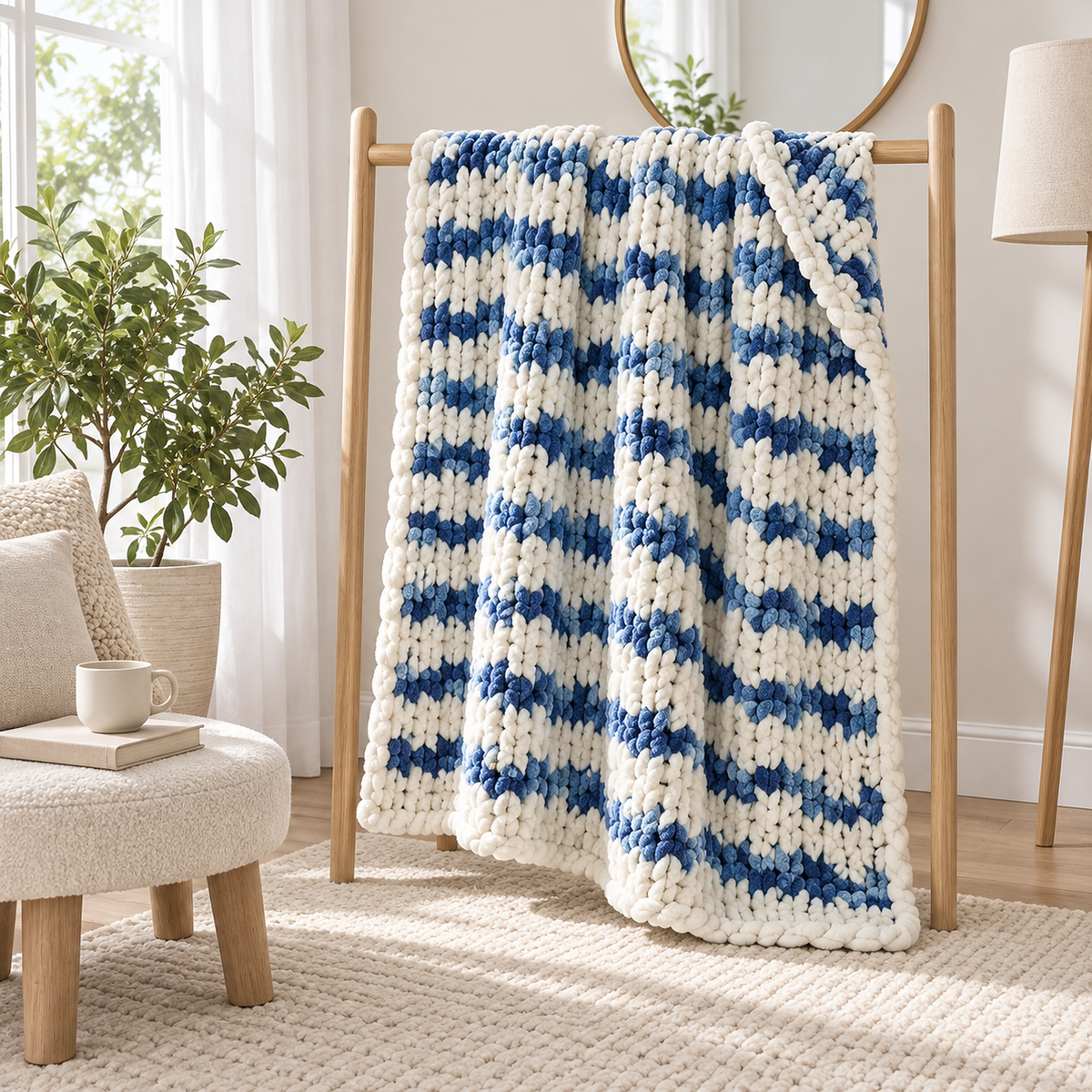 Orvelsa blue and white stripe chunky knit blanket opened over a wooden rail in a bedroom dressing corner