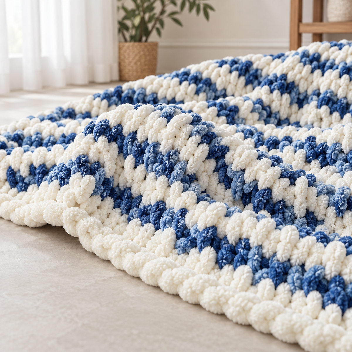 Orvelsa blue and white stripe knit throw blanket, close up of the chenille loops and small knitted stitch openings