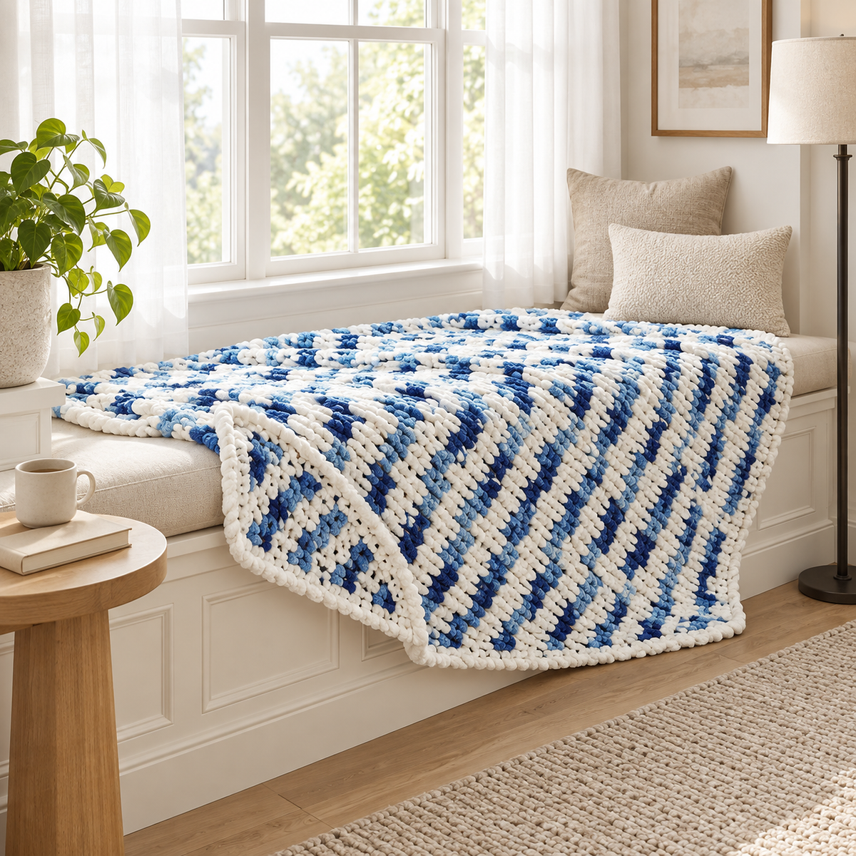 Orvelsa blue and white stripe reversible soft throw blanket open on a cushioned window seat in a reading nook