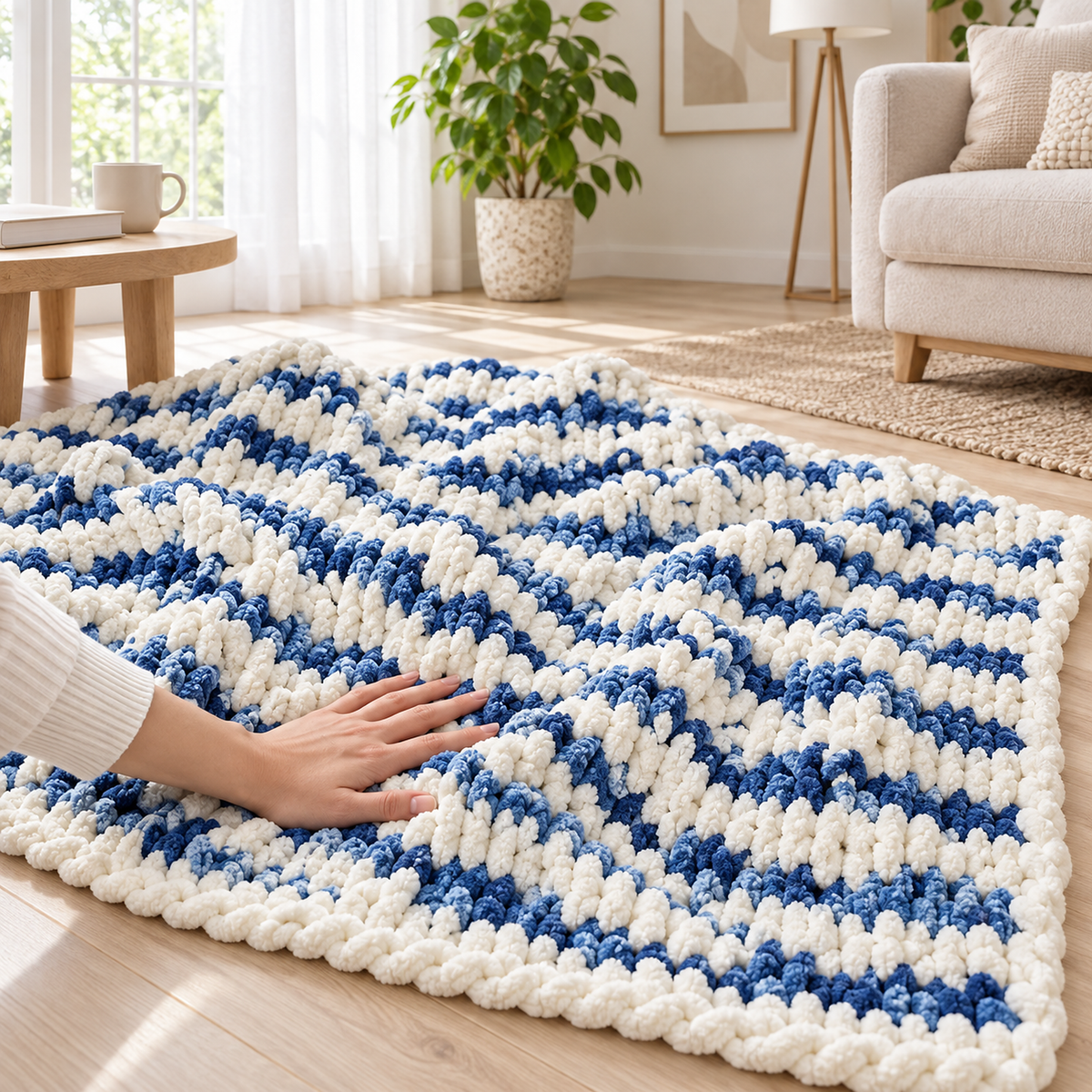 Orvelsa blue and white stripe soft throw blanket with an adult hand gently pressing the chunky chenille knit