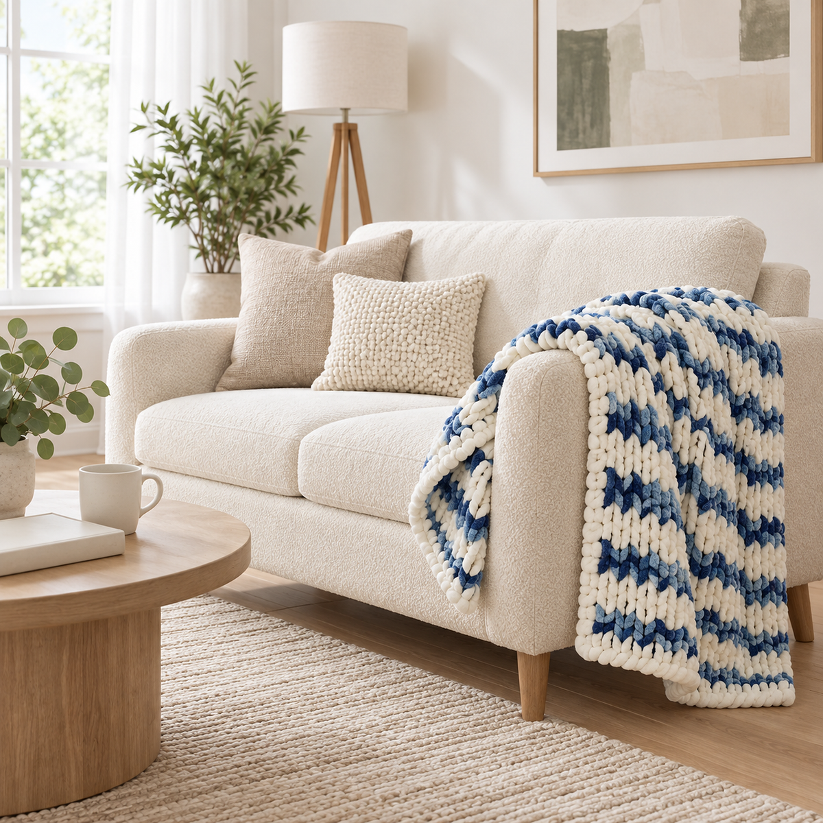 Orvelsa blue and white stripe throw blanket for couch draped over a loveseat arm in a bright sitting room