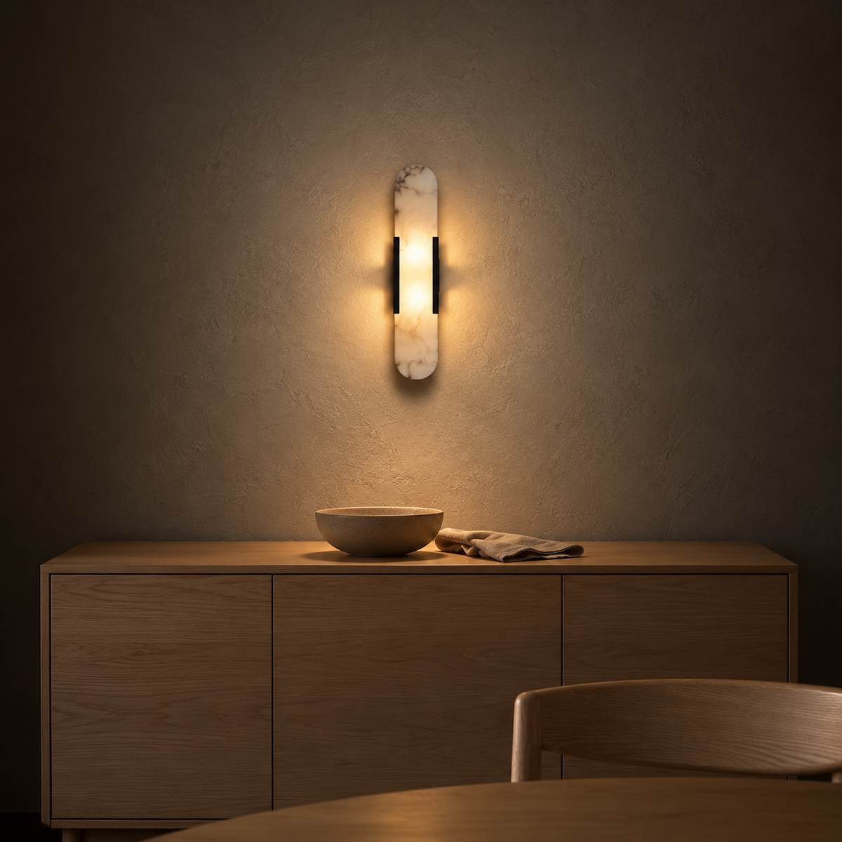 Oselira black wall lamp glowing through pale stone above a dining sideboard at night