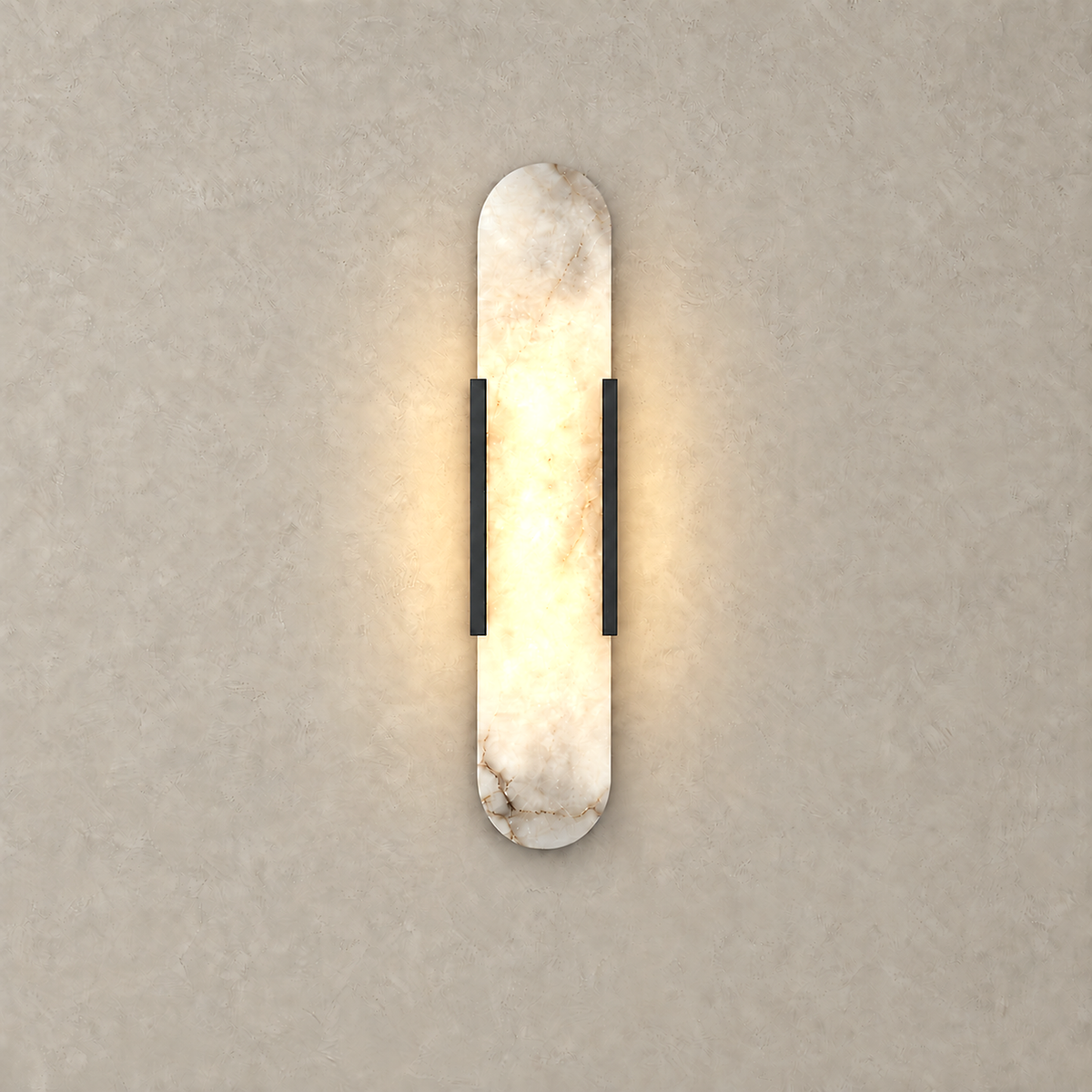 Oselira black wall lamp with its marble lit from within and a soft glow on the wall at its sides