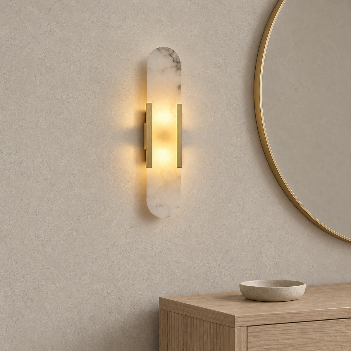Oselira gold led wall sconce glowing beside an entryway mirror in daylight #color_gold