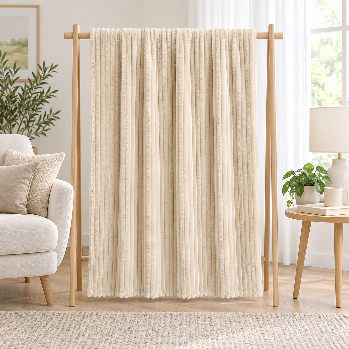 Pasorel fleece throw blanket in milk, opened flat to show its rectangular ribbed face
