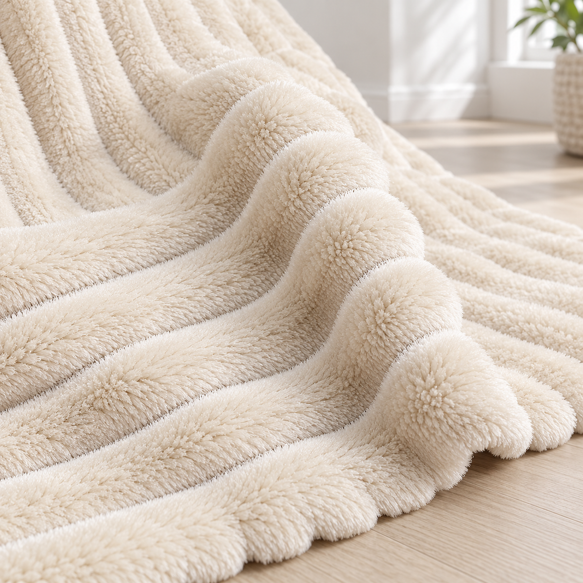 Pasorel plush throw blanket in milk, close detail of the raised ribs and channels