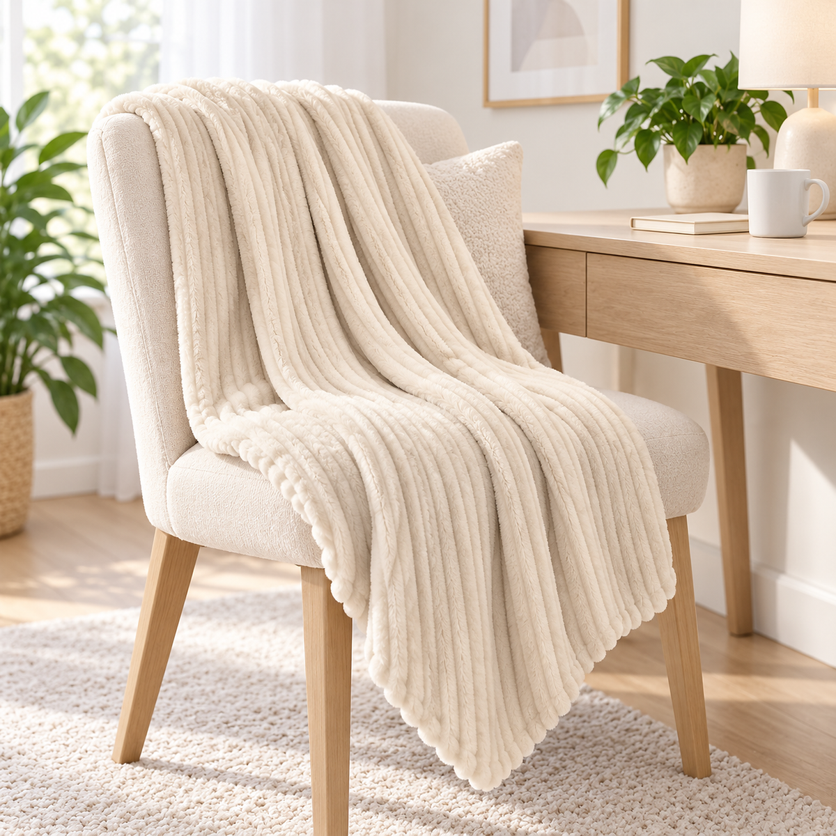 Pasorel plush throw blanket in milk, draped corner showing the rounded rib ends