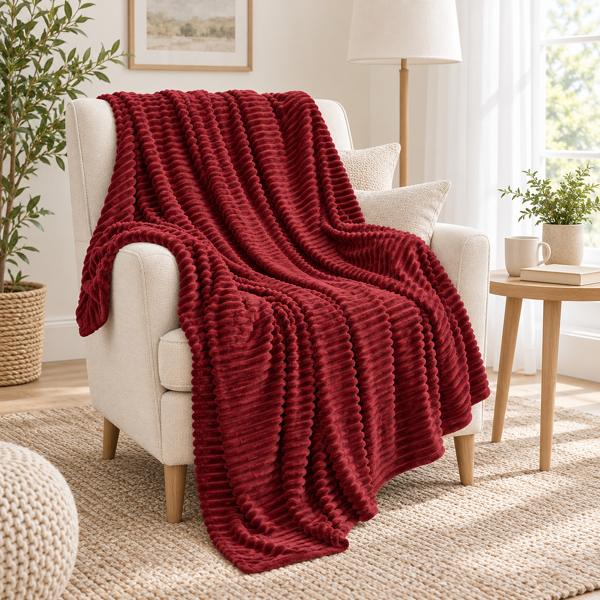 Pasorel plush throw blanket in wine red, draped over an armchair in a guest sitting alcove #color_wine red