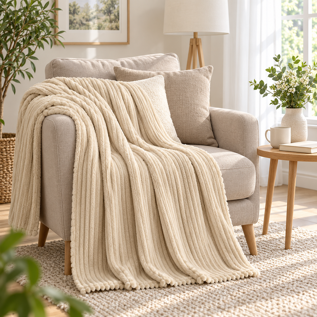 Pasorel soft throw blanket in Milk with plush ribbing, draped over an armchair in a bright living room