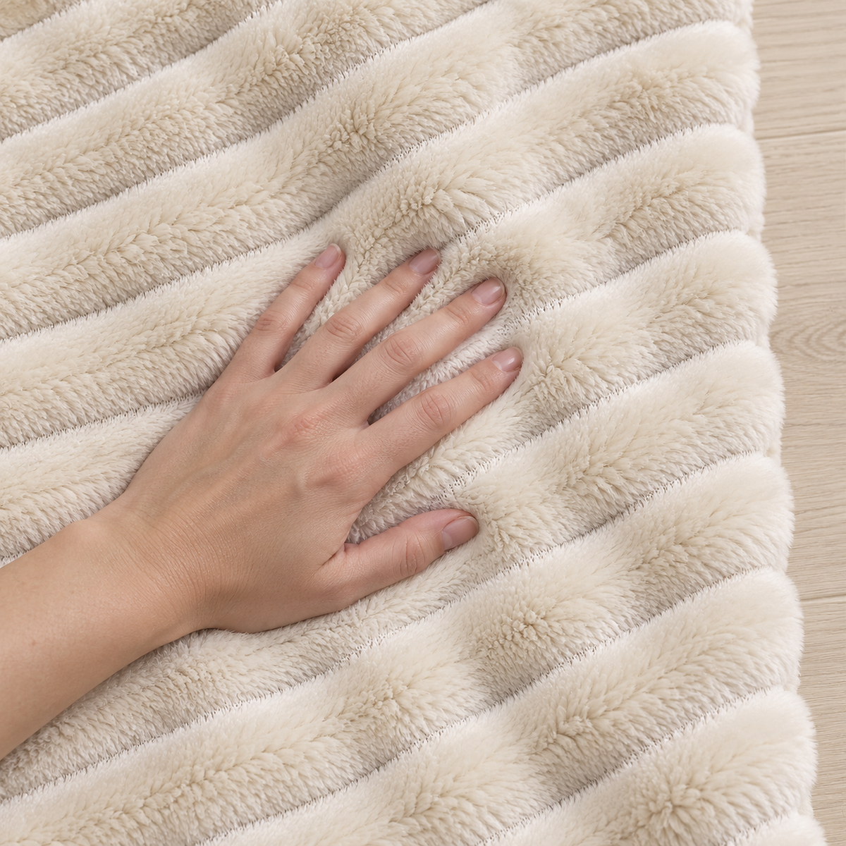 Pasorel soft throw blanket in milk, one hand gently pressing into the ribbed pile