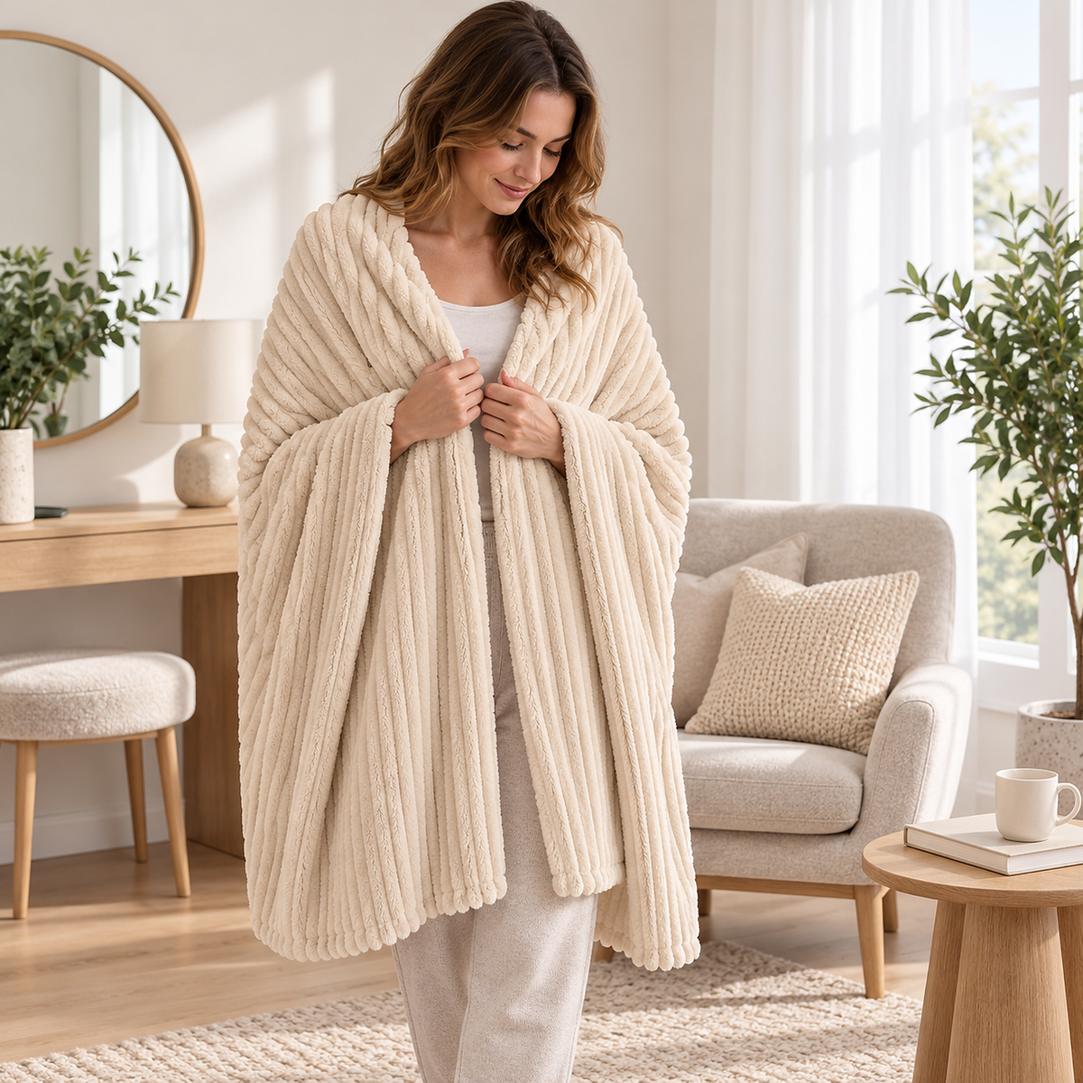 Pasorel soft throw blanket in milk, wrapped around an adult in a bright dressing alcove for scale