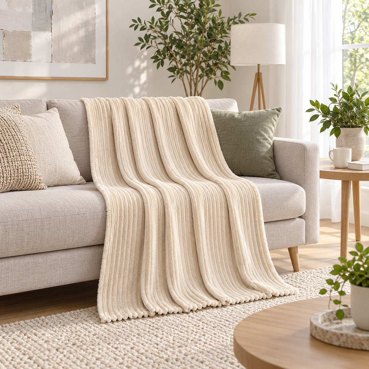 Pasorel throw blanket for couch in Milk with plush ribbing, draped over a sofa beside one green cushion.