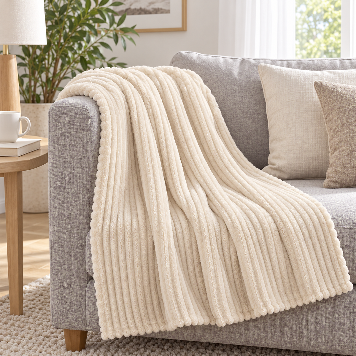 Pasorel throw blanket for couch in milk, draped over the arm of a living room sofa