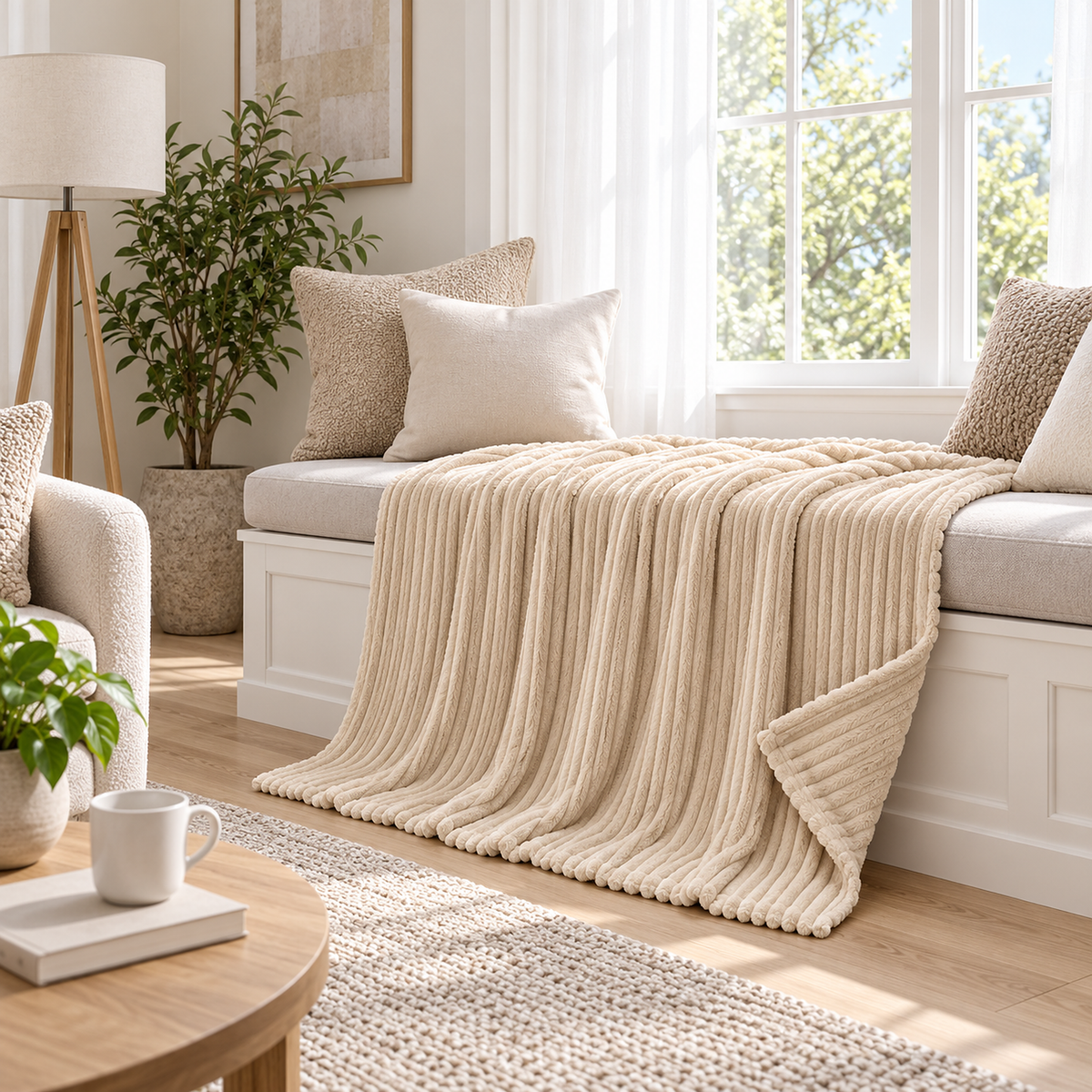 Pasorel Milk throw blanket for couch, ribbed plush draped over a cushioned window seat with a corner turned back