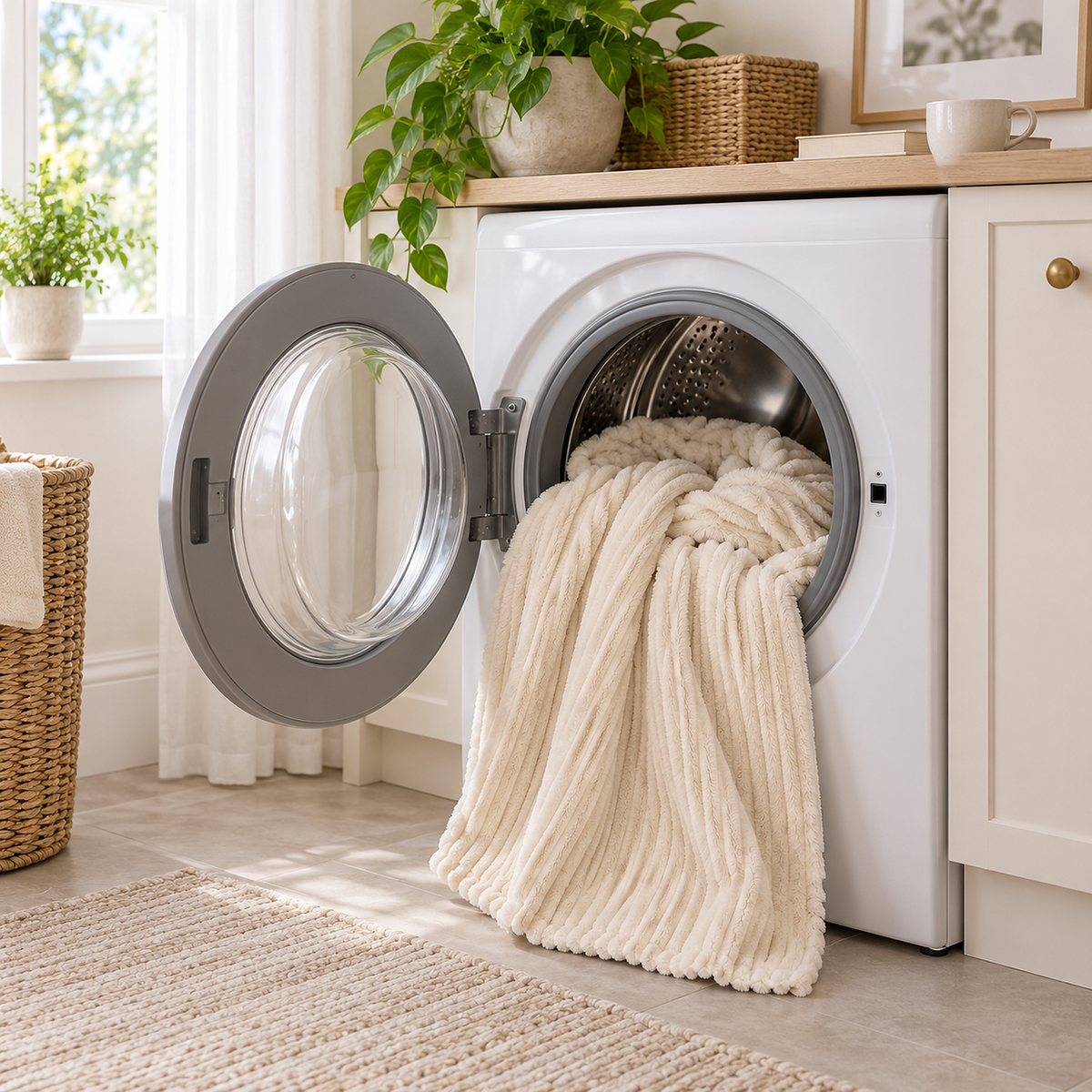 Pasorel throw blanket in milk, folded in a daylit laundry room ready for machine washing