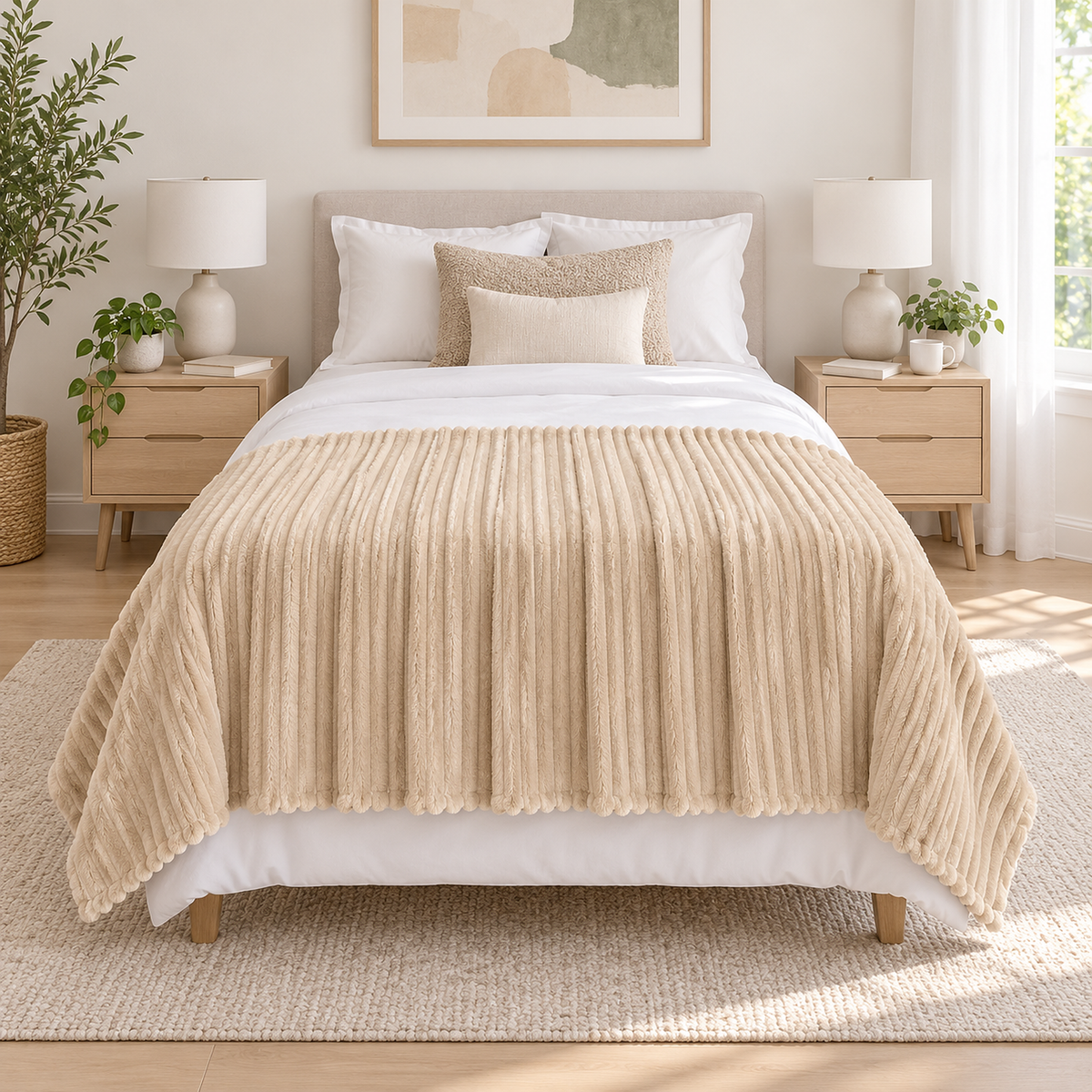 Pasorel throw blanket in milk, spread across the foot of a twin bed in the main bedroom