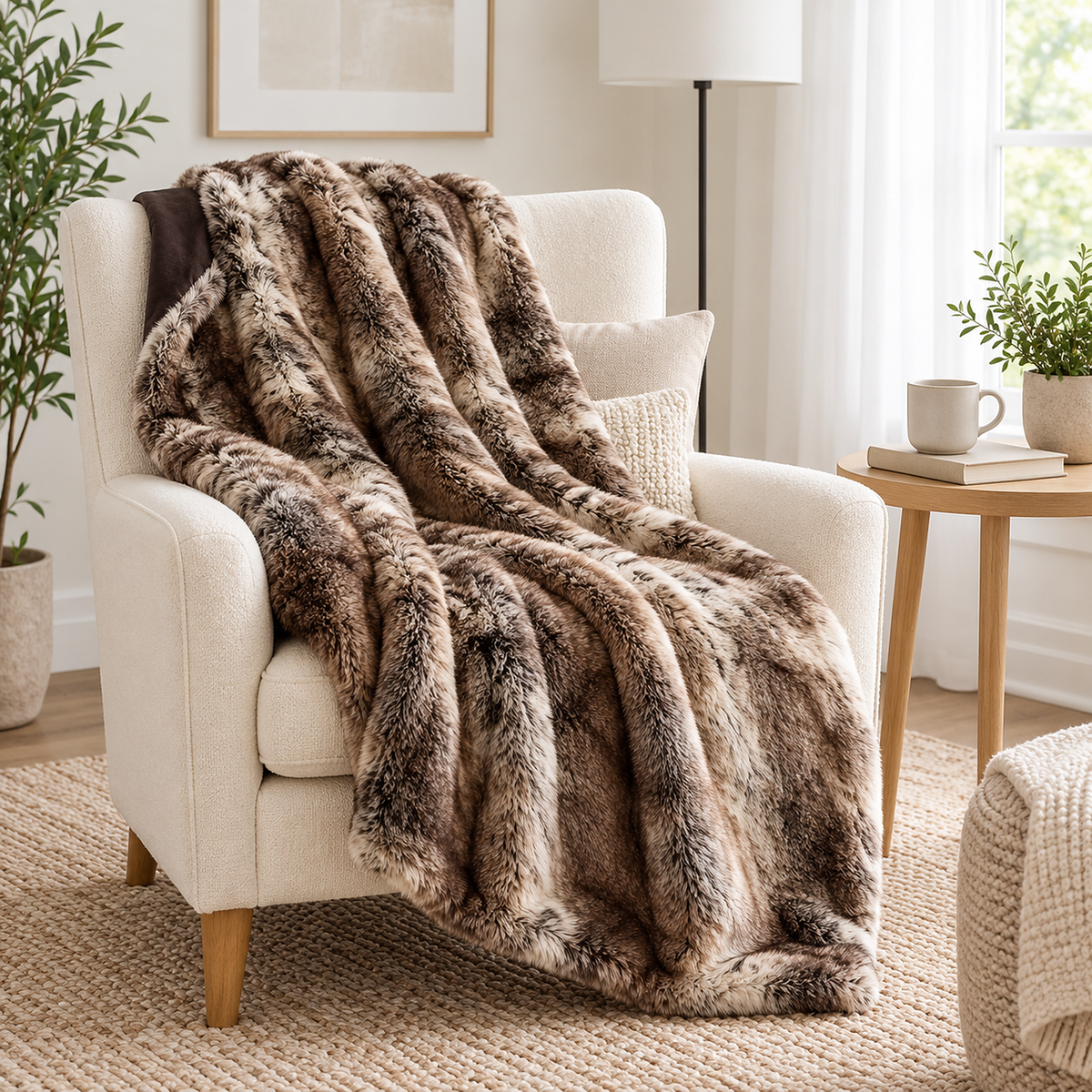 Pelarno brown soft throw blanket falling over the back of a reading chair in a library corner