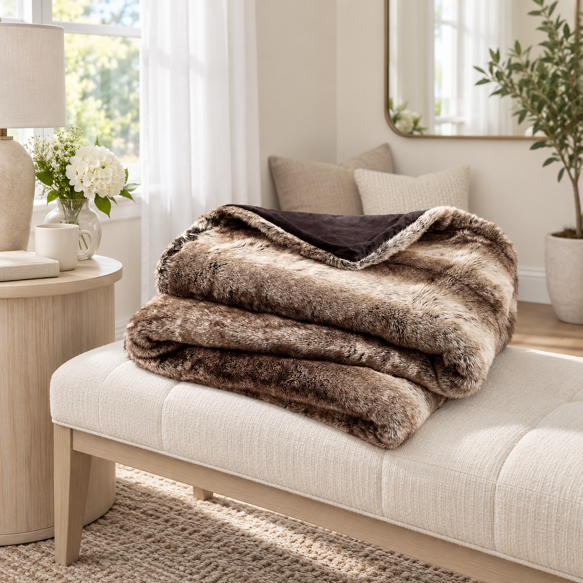 Pelarno brown soft throw blanket in loose folded layers beside an upholstered bench cushion
