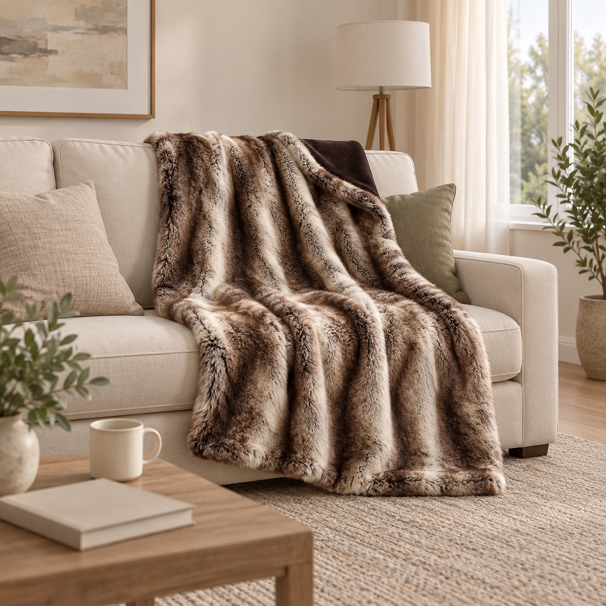 Pelarno brown throw blanket draped over the back of a sofa in a bright furnished den