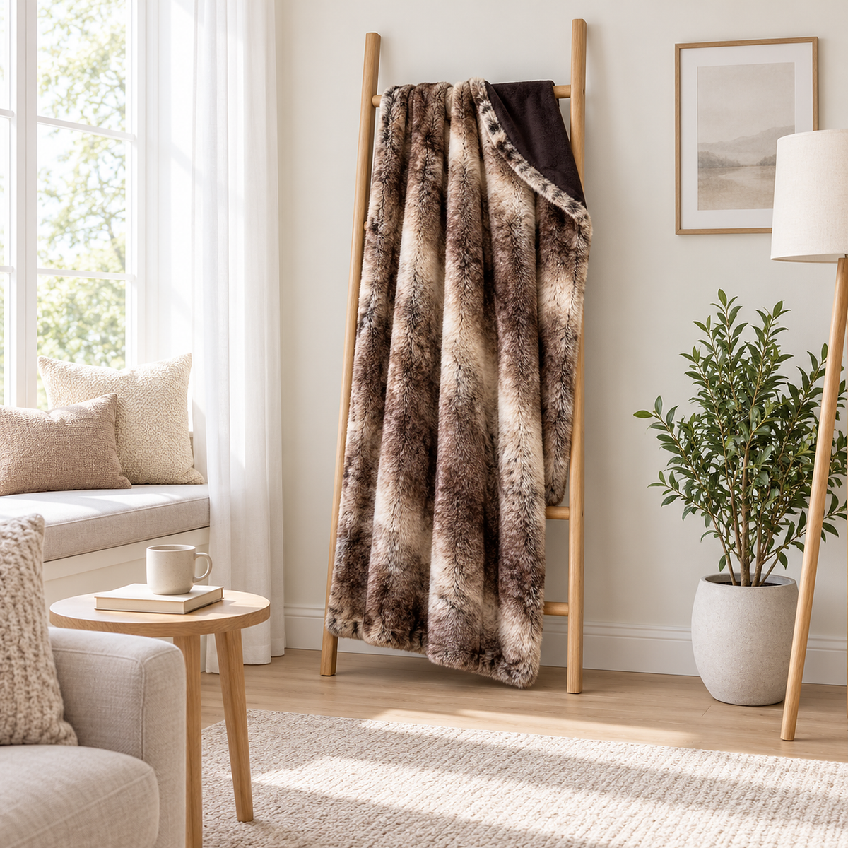 Pelarno brown throw blanket on a wooden ladder with one corner turned to show the polyester back