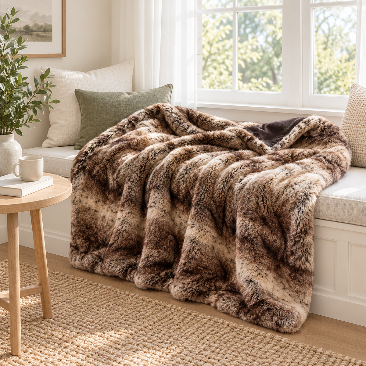 Pelarno brown throw blanket opened flat across a bright breakfast alcove window seat