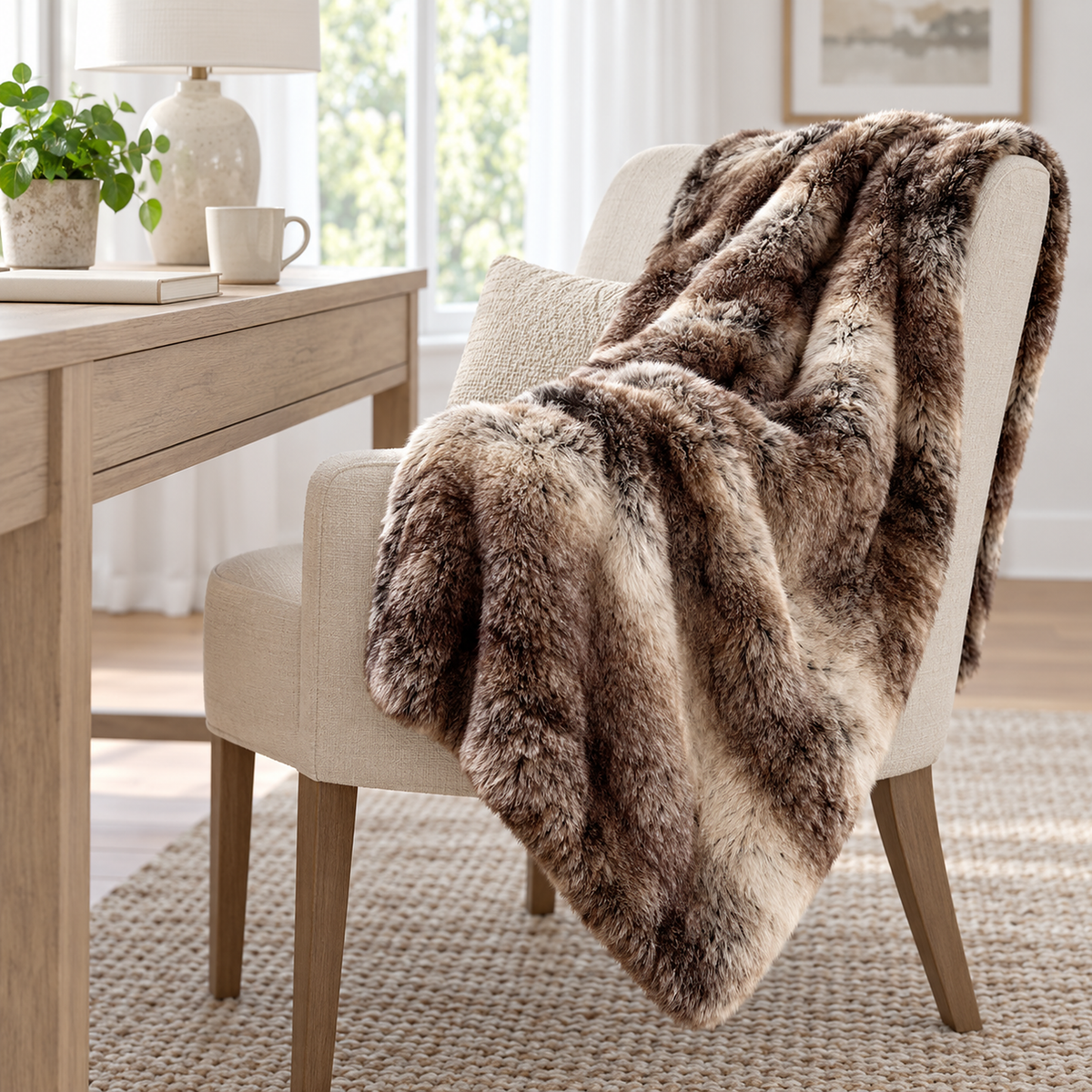 Pelarno shaded brown faux fur throw blanket showing its fur face and corner on an ivory chair