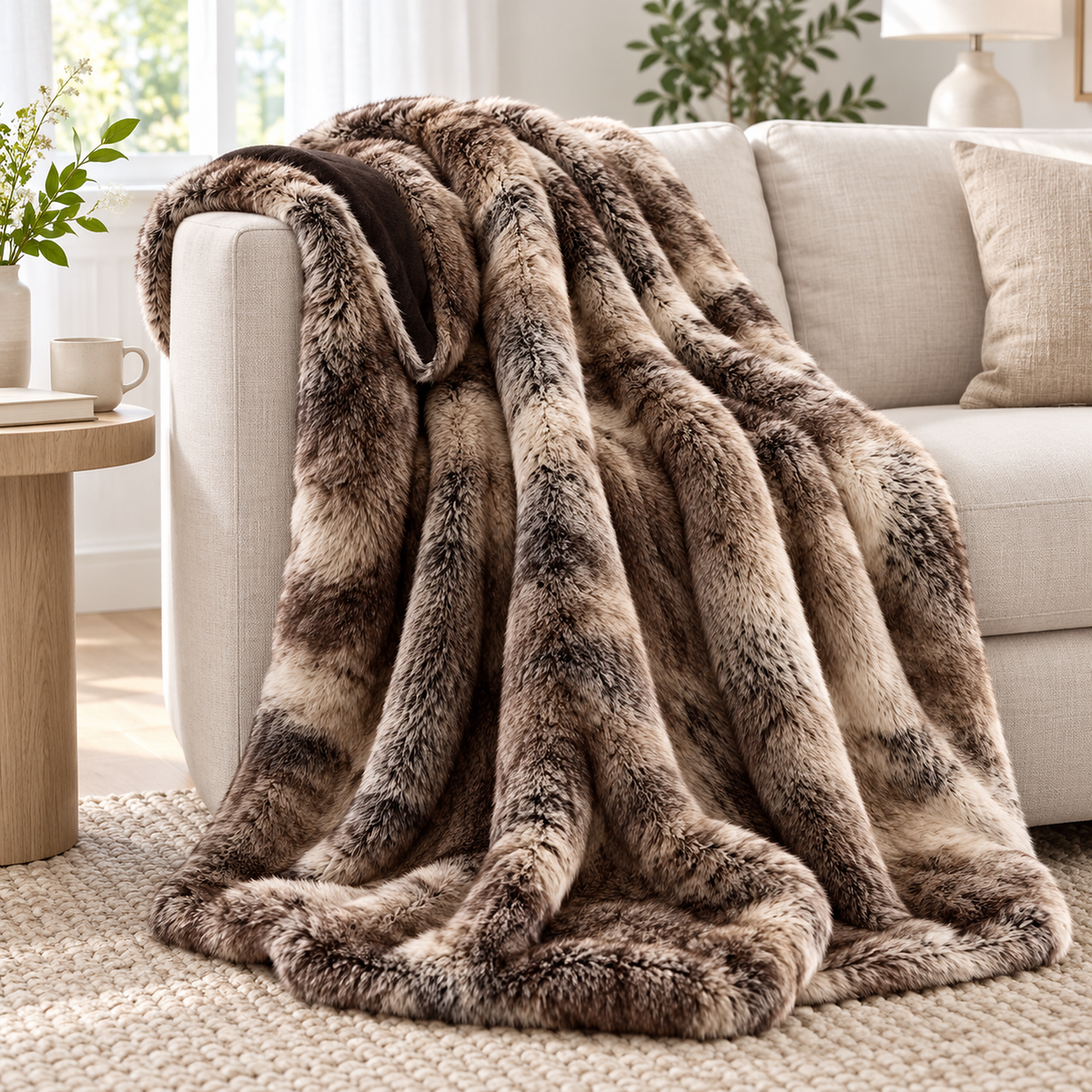 Pelarno shaded brown soft throw blanket draped over the arm of an ivory sofa in a living room