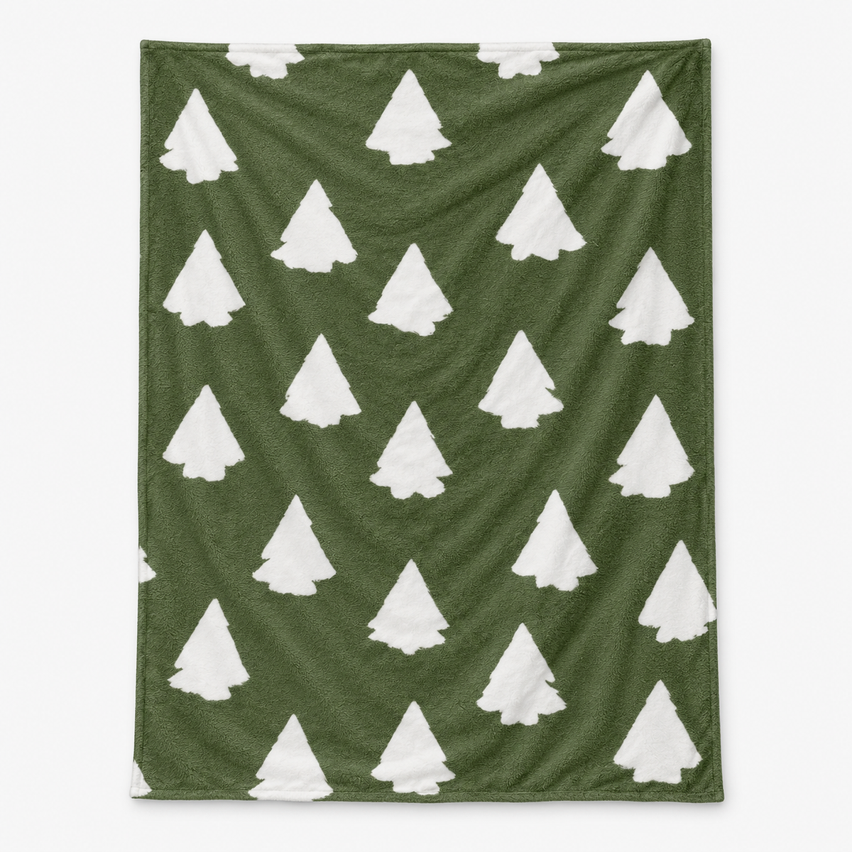 Ralmeno flannel fleece throw blanket in xmas tree, white evergreen print on olive green, fully open