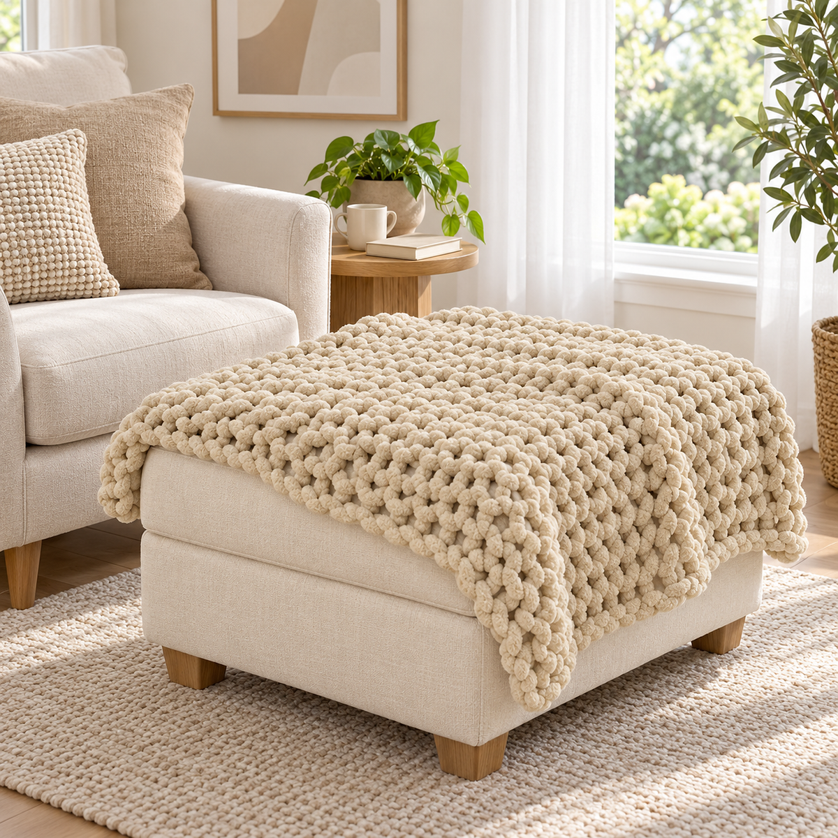 Ramelio beige chenille throw blanket for couch in a rectangular size layered over an ivory ottoman #color_beige