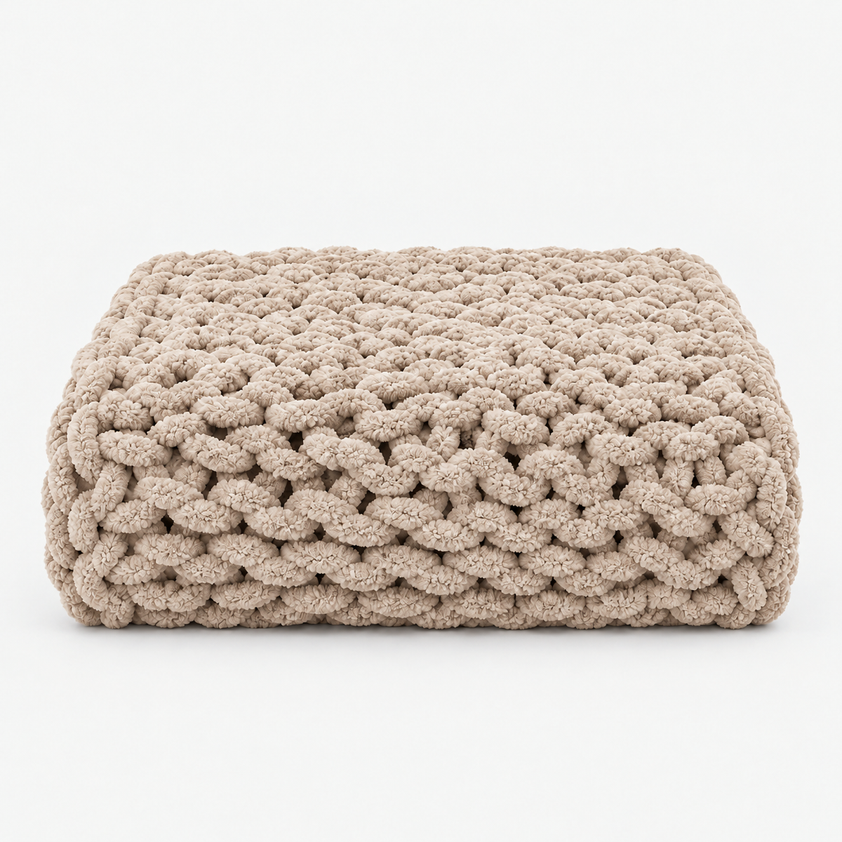 Ramelio beige chunky knit blanket loosely folded on a seamless white background #color_beige