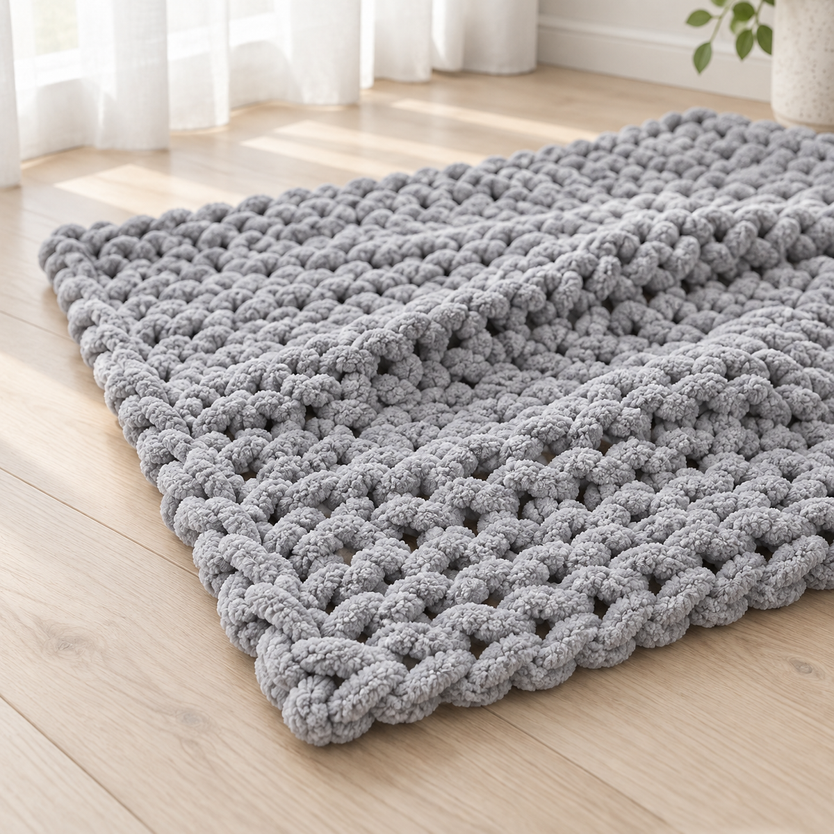 Ramelio gray chunky knit blanket close up showing fuzzy chenille loops with small gaps between