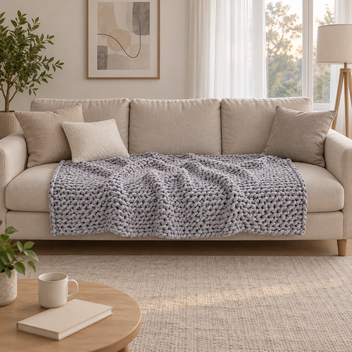 Ramelio gray throw blanket for couch in its largest size spread across an ivory sofa seat