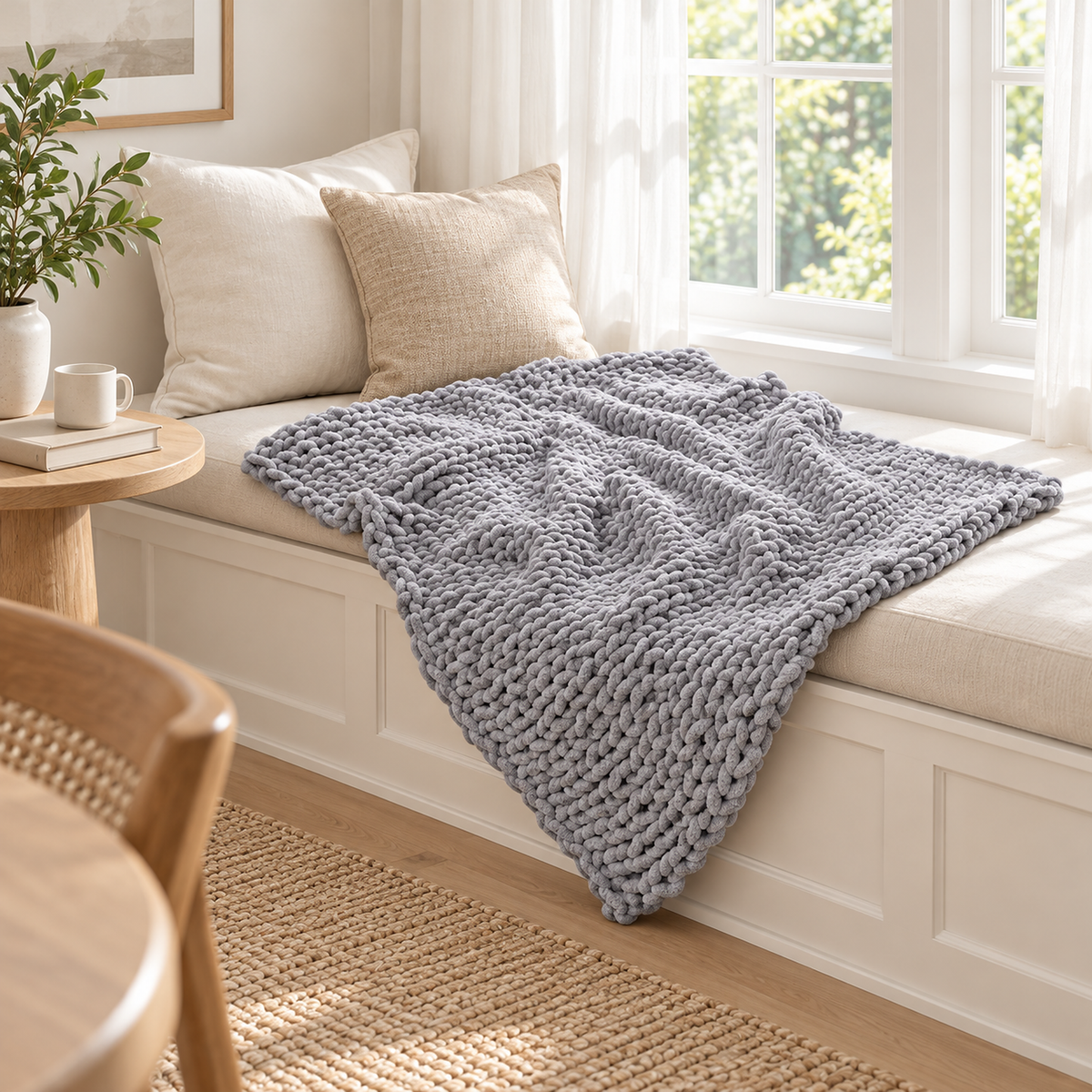 Ramelio gray throw blanket in a rectangular size draped over an ivory dining room window seat