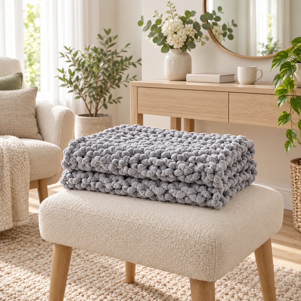 Ramelio gray throw blanket loosely folded in a dressing alcove, its chunky knit layers seen at cushion height